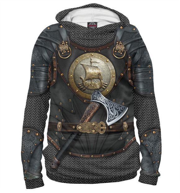 Женское худи с изображением Доспех викинга с драккаром цвета Белый