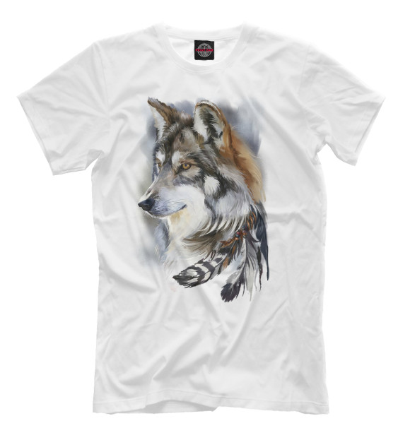 Мужская футболка с изображением Волк с пером цвета Молочно-белый