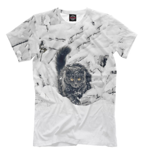 Мужская футболка с изображением Кот в Снегу цвета Молочно-белый