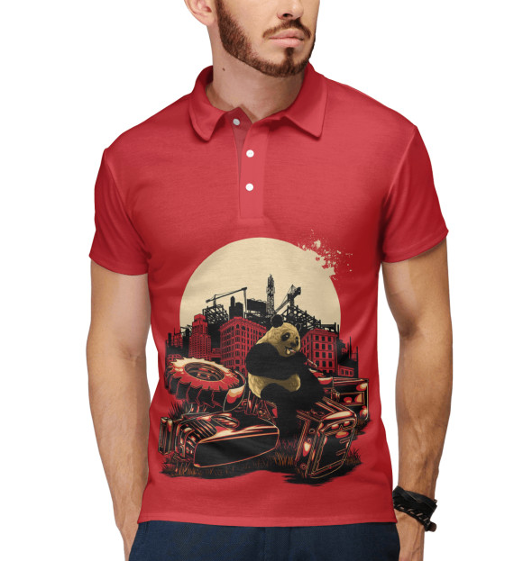 Мужское поло с изображением Панда на тракторе цвета Белый