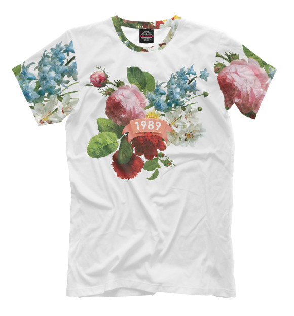 Мужская футболка с изображением 1989 год, букет летних цветов цвета Молочно-белый