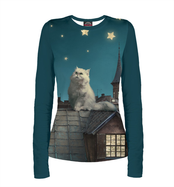 Женский лонгслив с изображением Кот цвета Белый