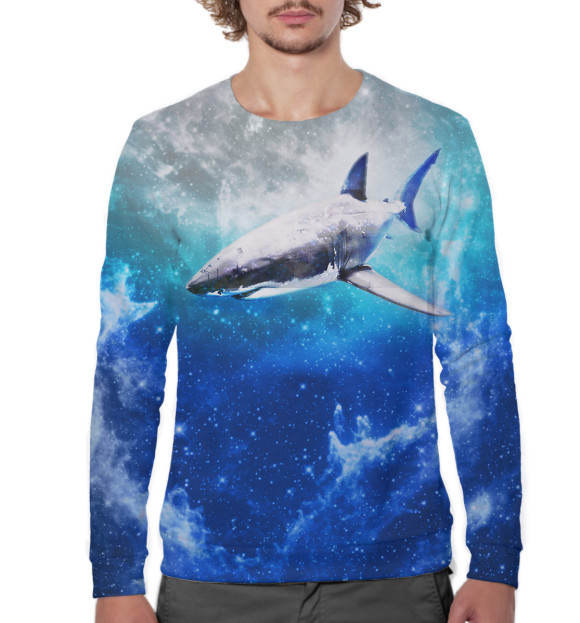 Мужской свитшот с изображением Акула в космосе цвета Белый