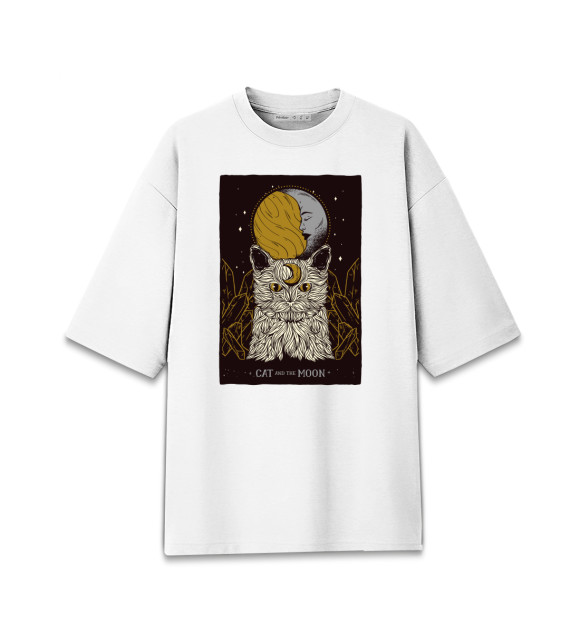 Женская футболка оверсайз с изображением Cat Moon Tarot цвета Белый