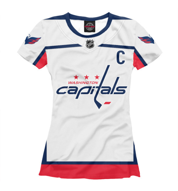 Женская футболка с изображением Овечкин Форма Capitals Гостевая 2018 цвета Белый