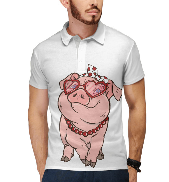 Мужское поло с притом Свинка модница цвета Белый Мужское поло с изображением Свинка модница цвета Белый