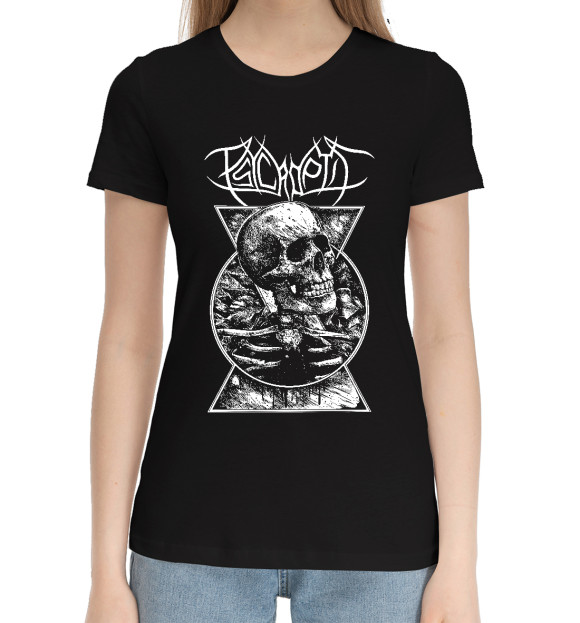 Женская хлопковая футболка с изображением Psycroptic (череп) цвета Черный