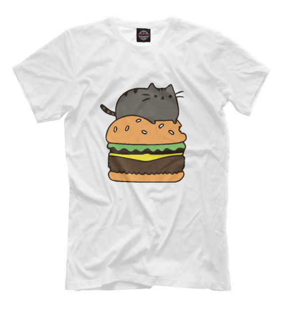 Мужская футболка с изображением Кот и бургер цвета Молочно-белый
