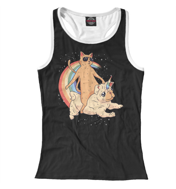 Женская майка-борцовка с изображением Кот и Мопс единорог цвета Белый