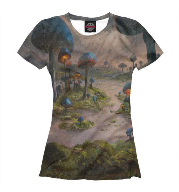 Женская футболка с изображением Планета волшебных грибов цвета Белый