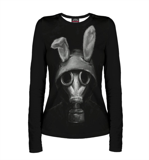 Женский лонгслив с притом Заяц в противогазе цвета Белый Женский лонгслив с изображением Заяц в противогазе цвета Белый