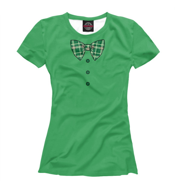 Женская футболка с изображением Зеленый галстук бабочка в клетку цвета Белый