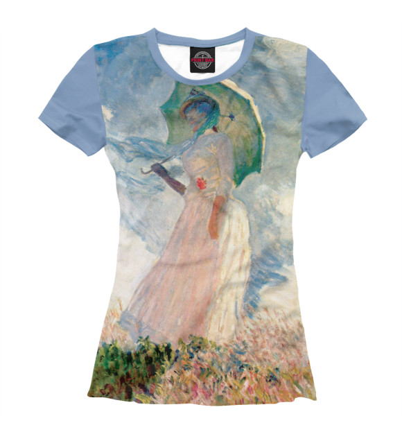 Женская футболка с изображением Клод Моне. Прогулка. Женщина с зонтиком цвета Белый
