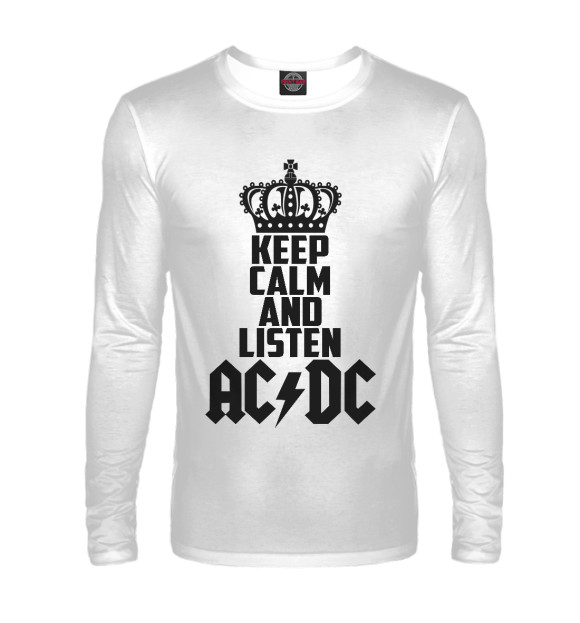 Мужской лонгслив с изображением Keep calm and listen AC DC цвета Белый