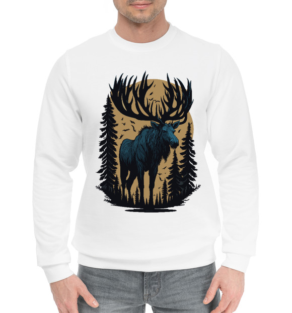 Мужской хлопковый свитшот с изображением Лось в тайге цвета Белый