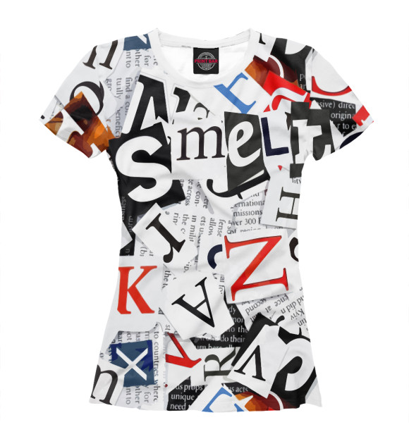 Женская футболка с изображением Коллаж, буквы и слова цвета Белый