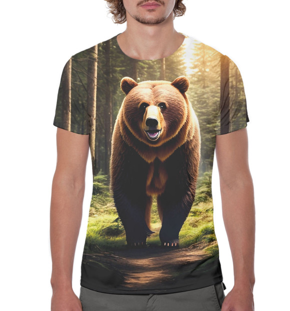 Мужская футболка с изображением Медведь в лесу цвета Белый