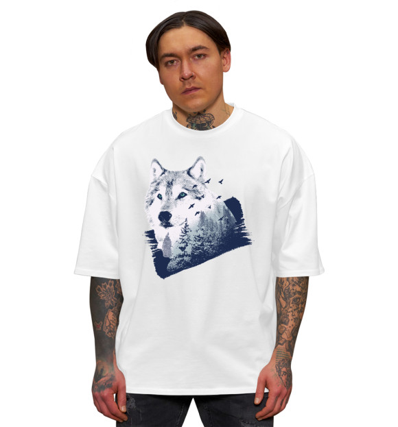 Мужская футболка оверсайз с изображением Волк в лесу цвета Белый