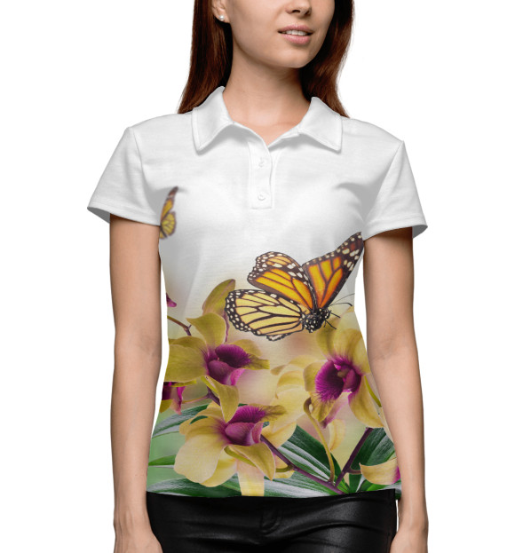 Женское поло с изображением Бабочки и нарциссы цвета Белый