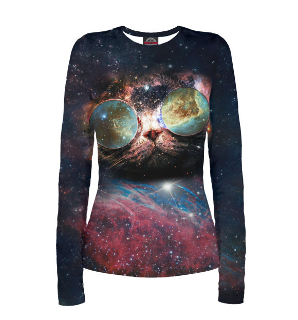Женский лонгслив с притом Космический кот цвета Белый Женский лонгслив с изображением Космический кот цвета Белый
