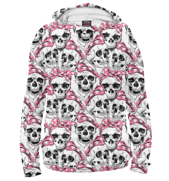 Женское худи с притом Черепа в розовых платках цвета Белый Женское худи с изображением Черепа в розовых платках цвета Белый