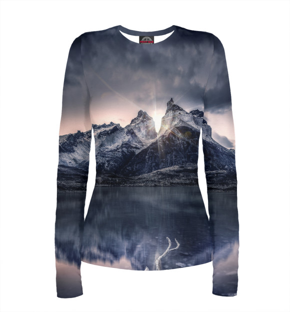 Женский лонгслив с изображением Солнце за горой цвета Белый