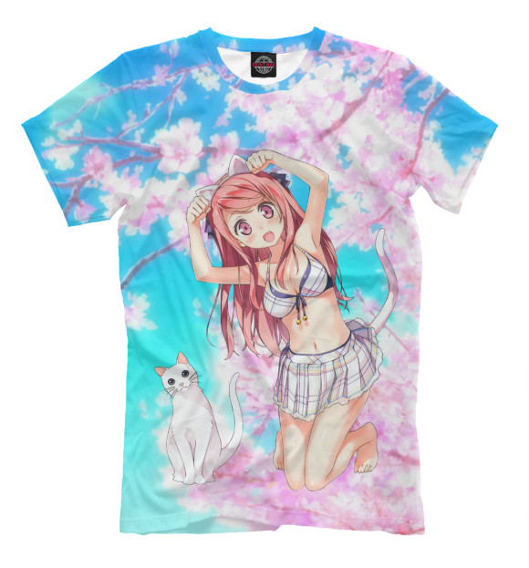 Мужская футболка с изображением Девочка и котик цвета Молочно-белый