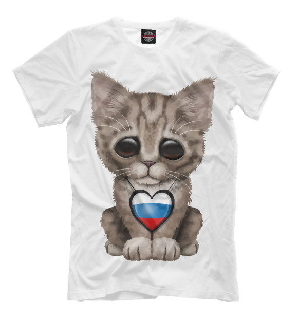 Мужская футболка с изображением Котенок - Россия цвета Молочно-белый