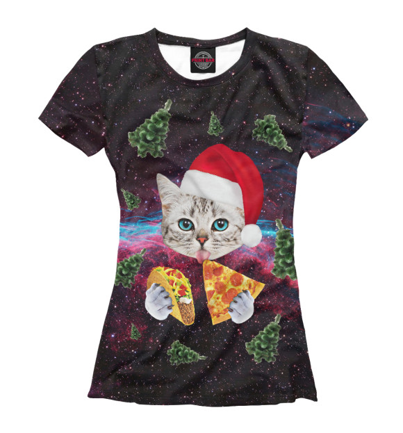 Женская футболка с изображением Котик с Пиццей и Ёлочки цвета Белый