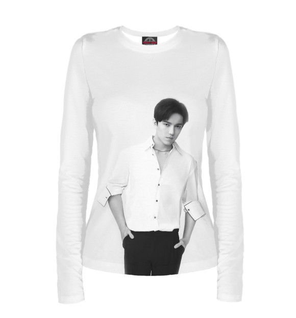 Женский лонгслив с притом Димаш Кудайберген цвета Белый Женский лонгслив с изображением Димаш Кудайберген цвета Белый