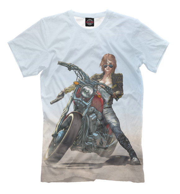 Мужская футболка с изображением Девушка на мотоцикле цвета Молочно-белый