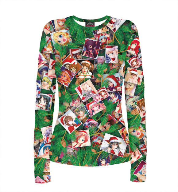 Женский лонгслив с изображением Ахегао С новым годом цвета Белый