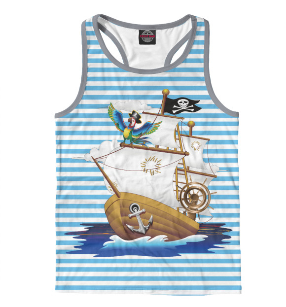 Мужская майка-борцовка с изображением Пиратский корабль и тельняшка цвета Белый