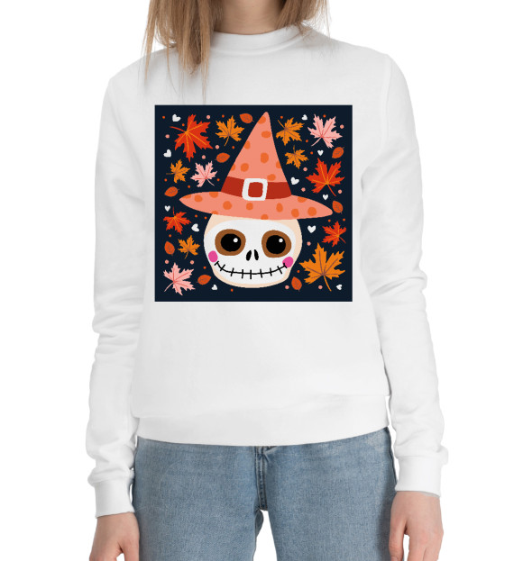 Женский хлопковый свитшот с изображением Череп в шляпе ведьмы цвета Белый