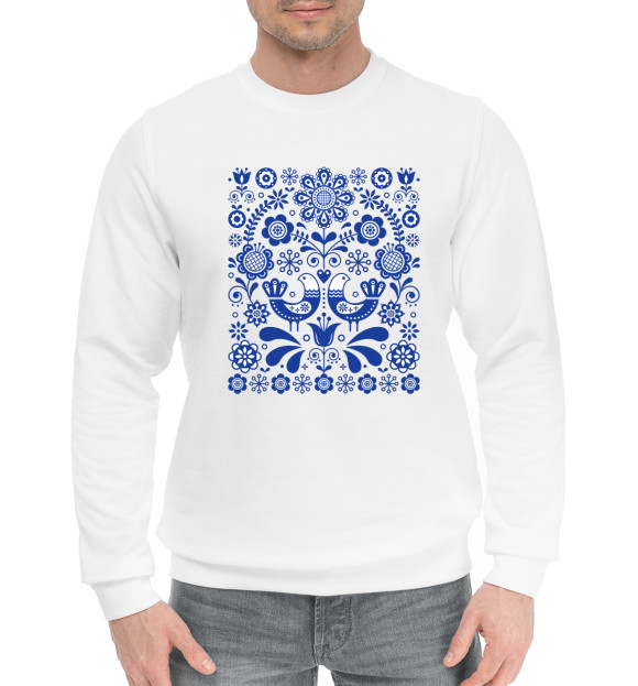 Мужской хлопковый свитшот с изображением Синие птички счастья цвета Белый