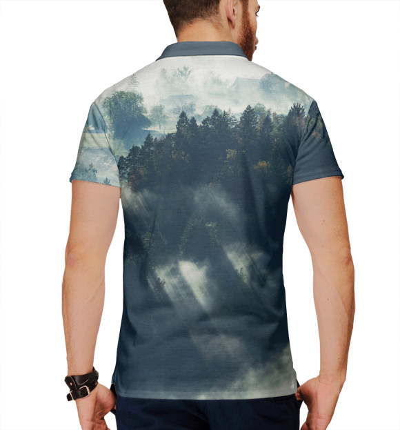 Мужское поло с притом Туманный лес. Лучи солнца цвета Белый Мужское поло с изображением Туманный лес. Лучи солнца цвета Белый