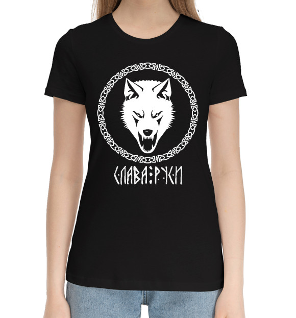 Женская хлопковая футболка с изображением Слава Руси цвета Черный