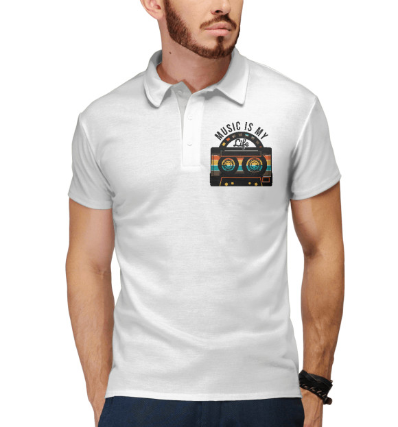 Мужское поло с изображением Music is my life (касета) цвета Белый