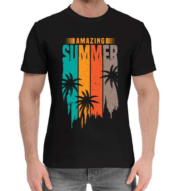 Мужская хлопковая футболка с изображением Amazing summer цвета Черный
