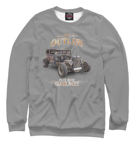 Мужской свитшот с изображением The Outlaw Hot Rod Garage на сером цвета Белый