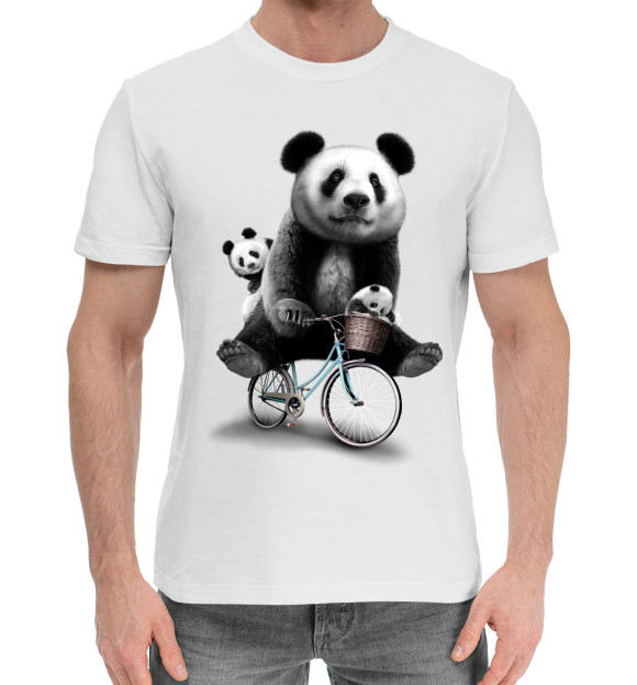 Мужская хлопковая футболка с изображением Панда на велосипеде цвета Белый