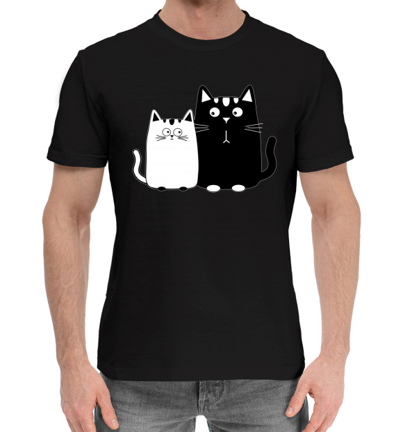 Мужская хлопковая футболка с изображением Влюбленные котики цвета Черный
