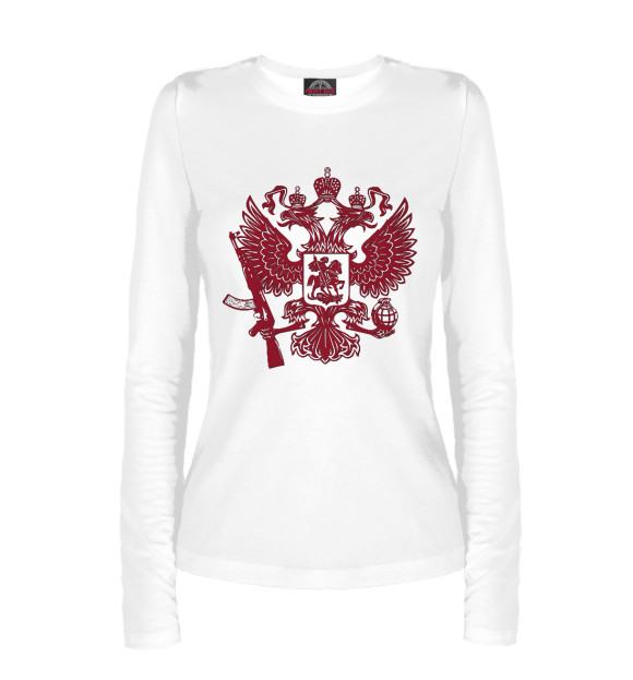 Женский лонгслив с изображением Герб РФ с автоматом цвета Белый