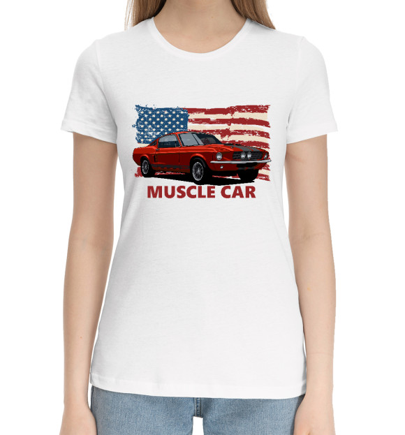 Женская хлопковая футболка с изображением Muscle car цвета Белый