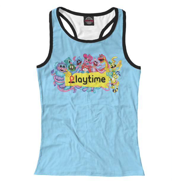 Женская майка-борцовка с притом Poppy Playtime  персонажи цвета Белый Женская майка-борцовка с изображением Poppy Playtime  персонажи цвета Белый