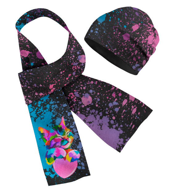 Шарф и шапка с притом Радужный котенок цвета Белый Шарф и шапка с изображением Радужный котенок цвета Белый