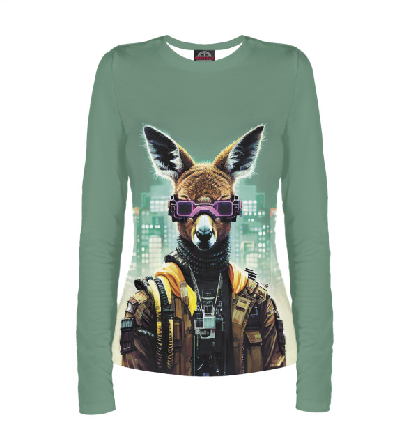 Женский лонгслив с притом Кенгуру в розовых очках цвета Белый Женский лонгслив с изображением Кенгуру в розовых очках цвета Белый