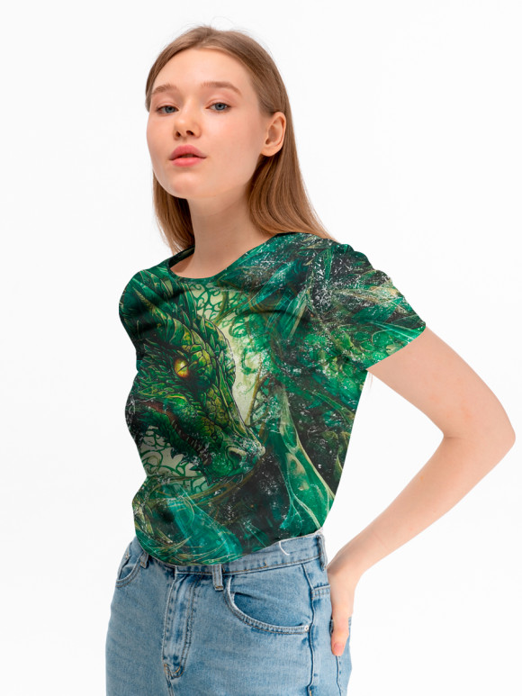 Женская футболка с изображением Зелёный дракон цвета Белый