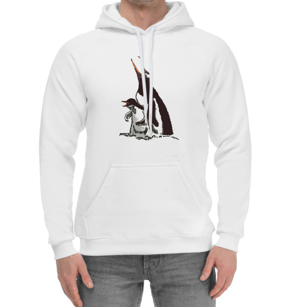 Мужской хлопковый худи с притом Пингвин - птенец с мамой цвета Белый Мужской хлопковый худи с изображением Пингвин - птенец с мамой цвета Белый