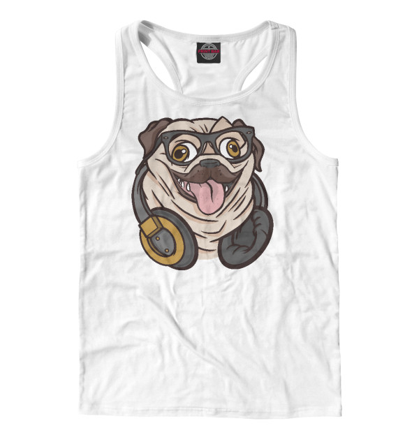 Мужская майка-борцовка с изображением Мопс хипстер цвета Белый